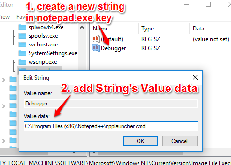 create Debugger key in notepad.exe folder and set its value data