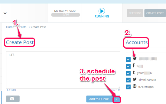 create a post, select accounts, and schedule