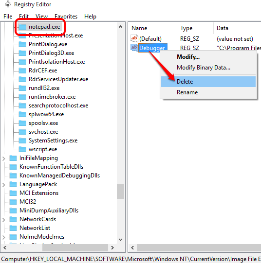 delete Debugger value available in notepad.exe folder