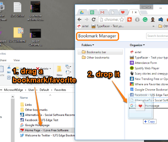 drag favorite shortcut and drop it in Bookmark manager window