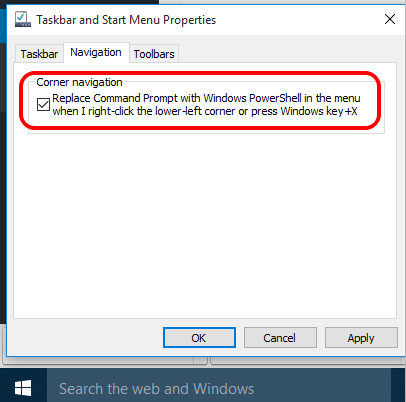 enable option to replace Command Prompt with Windows PowerShell