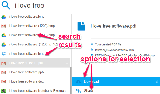 get search results and access options for the selected file