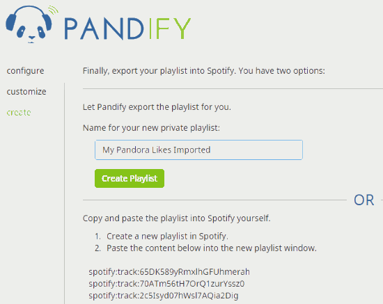 log in to your Spotify account to create playlist of Pandora likes