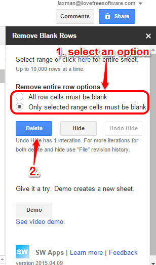 select an option to delete rows