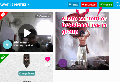 share content or broadcast live in group