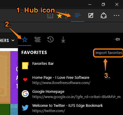 use Hub icon to access import favorites option
