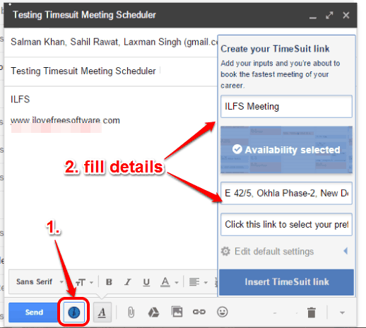 use Timesuit icon to open pop up to fill meeting details