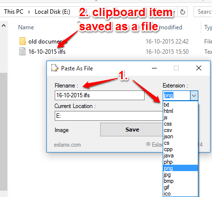 use available options to save clipboard item as a file