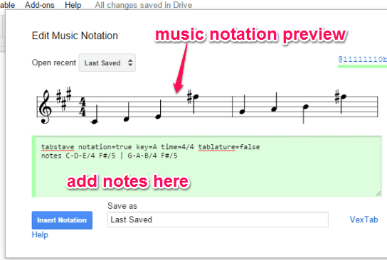 use code box to insert notes and preview music notation