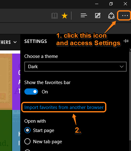 use more actions icon to access import favorites option using Settings