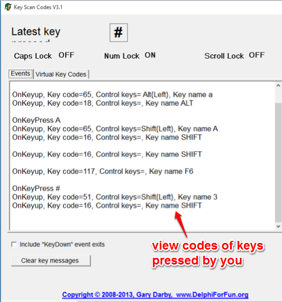 view codes of keys pressed by you