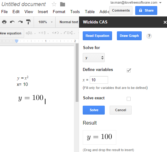 Google Docs add-on to solve equations and plot graphs