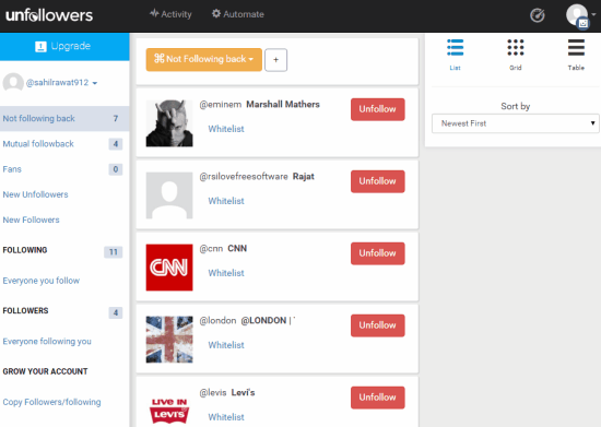 Unfollowers website