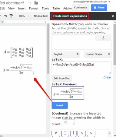 create and insert Math expressions and graphs in Google Docs document