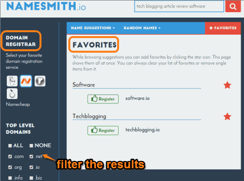 filter the results and check domain availability