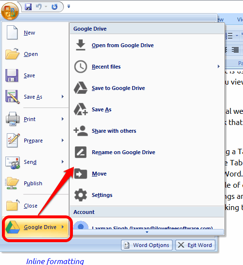 options available under Google Drive