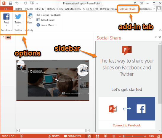 social share add-in's sidebar and options