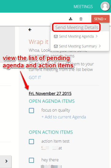 view list of pending agenda and action items for a meeting