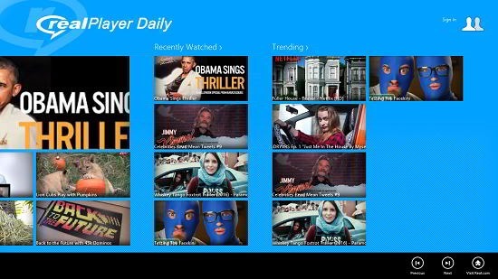 Realplayer daily videos action bar