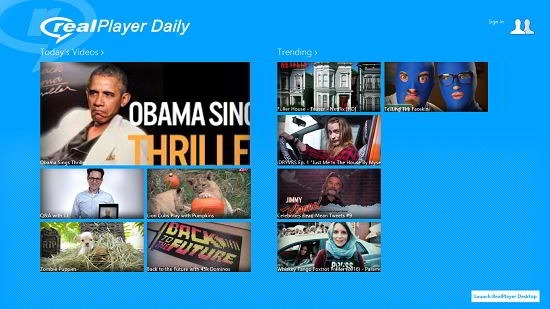 Realplayer daily videos main screen