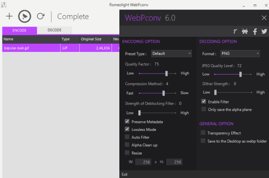 WebPconv- interface and options