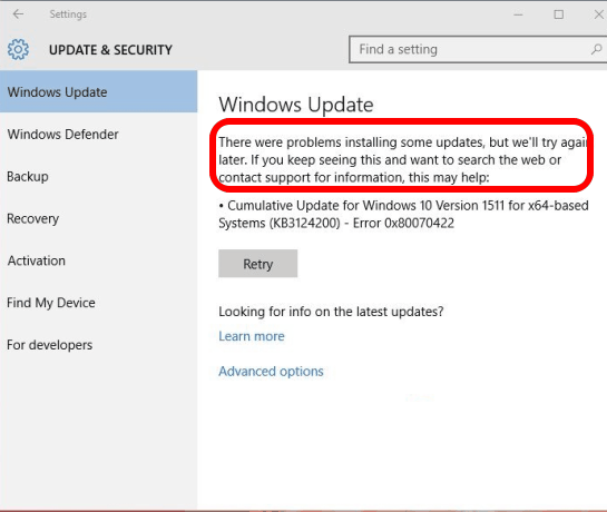 Windows 10 update disabled
