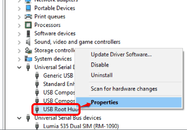 access Properties of USB Root Hub