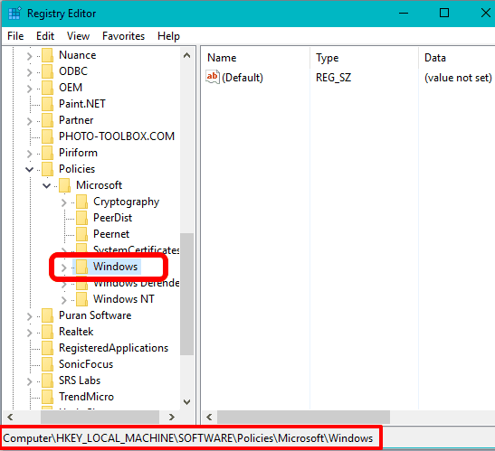 access Windows key in Registry Editor