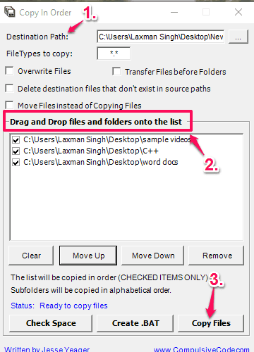 add folders, select destination, and start the copying process