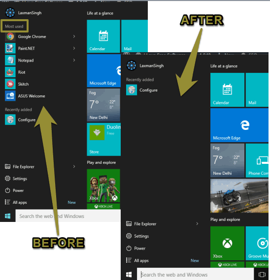 before and after comparison of start menu