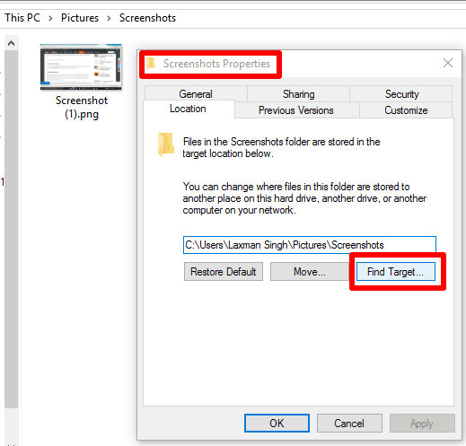change the screenshot folder location