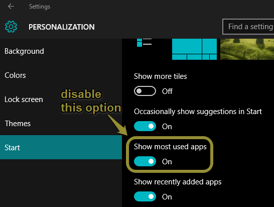 disable Show most used apps option