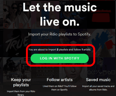 log in with Spotify to import Rdio playlists