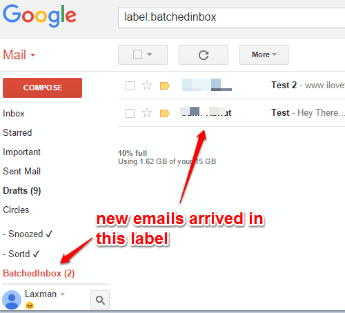 new emails arrived in BatchedInbox label