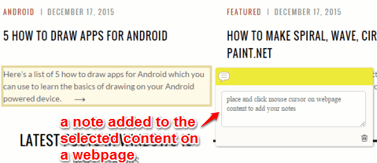 note added to the selected content on a webpage