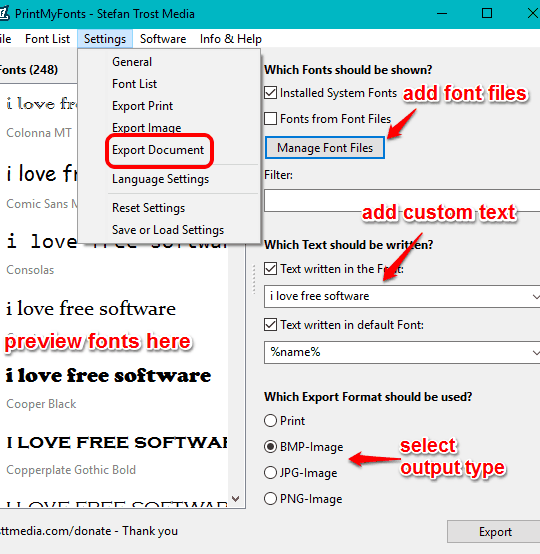 preview fonts and export fonts list