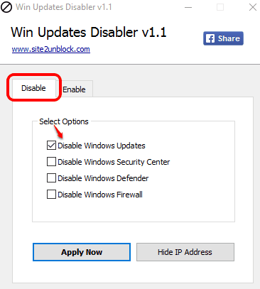 select disable Windows updates option