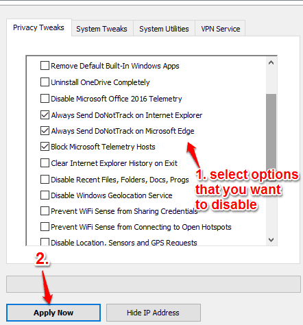 select privacy options that you want to disable