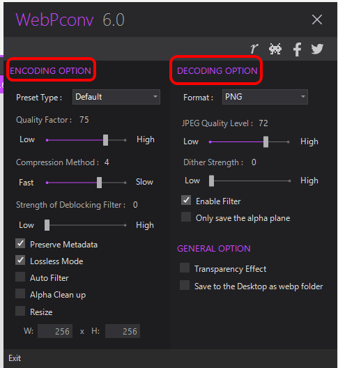 set encoding and decoding options using Settings