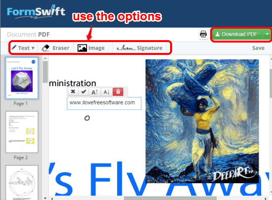 use options to insert text, image, and signature to your PDF