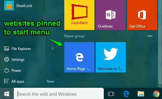 websites pinned to start menu as tiles