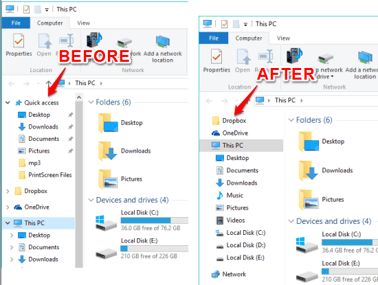 File Explorer of Windows 10 before and after removing Quick Access