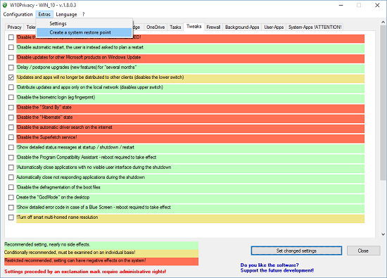 W10Privacy create restore point