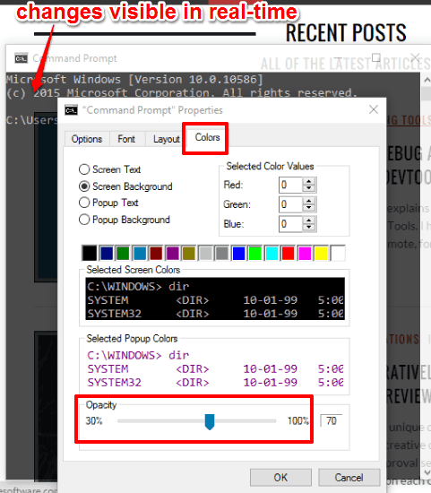 access Colors tab in Properties window to set the opacity