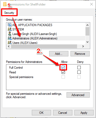 enable Full Control permission for Administrators and save changes