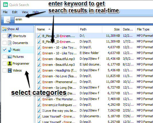 enter keywords and use categories to find search results in real time