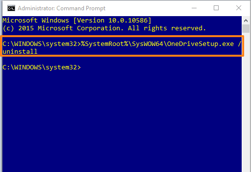 execute the command to remove OneDrive in Windows 10