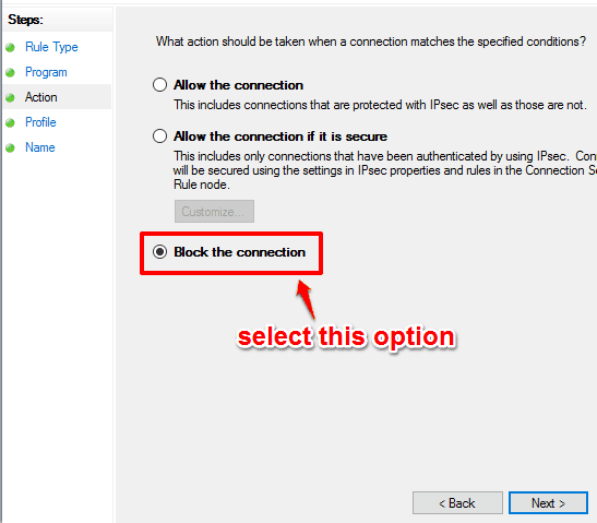 select Block the connection option