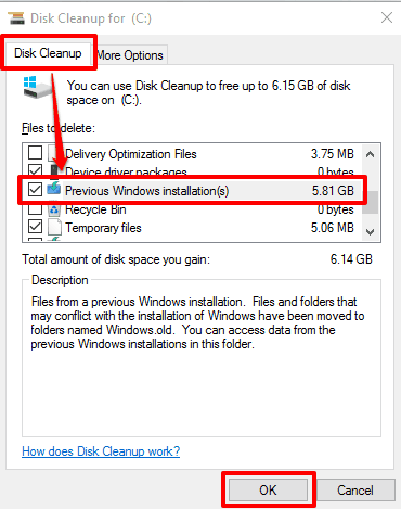 select Previous Windows installation(s) to delete