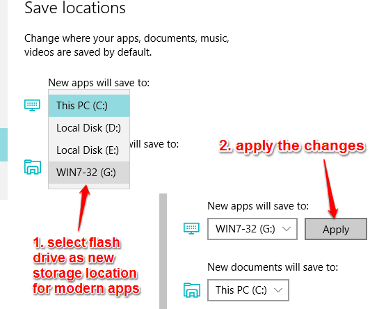 select flash drive as storage location and apply changes